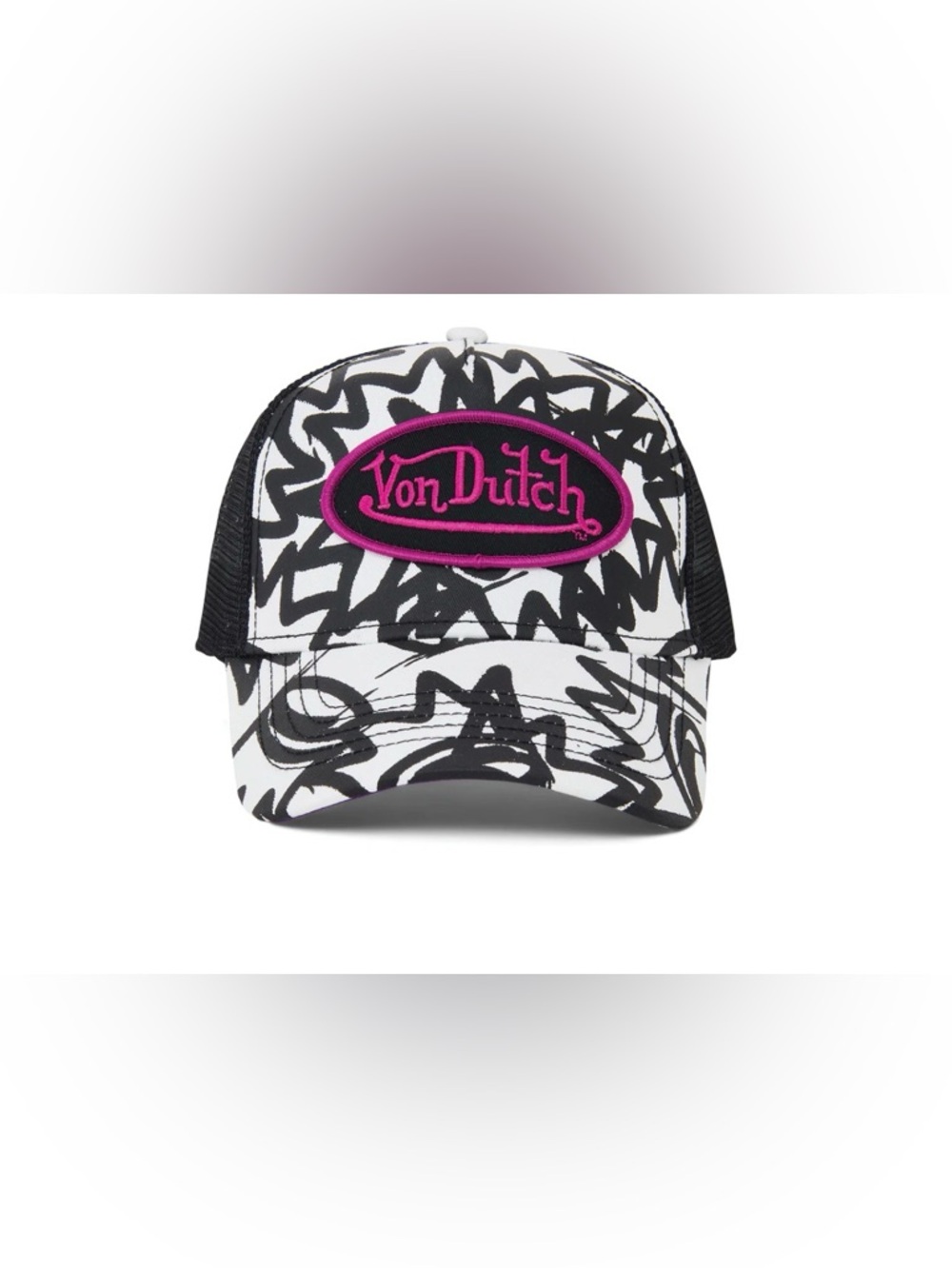 Von Dutch All Over Graffiti Trucker Hat in a rare Purple/Black&White colorwayNWT